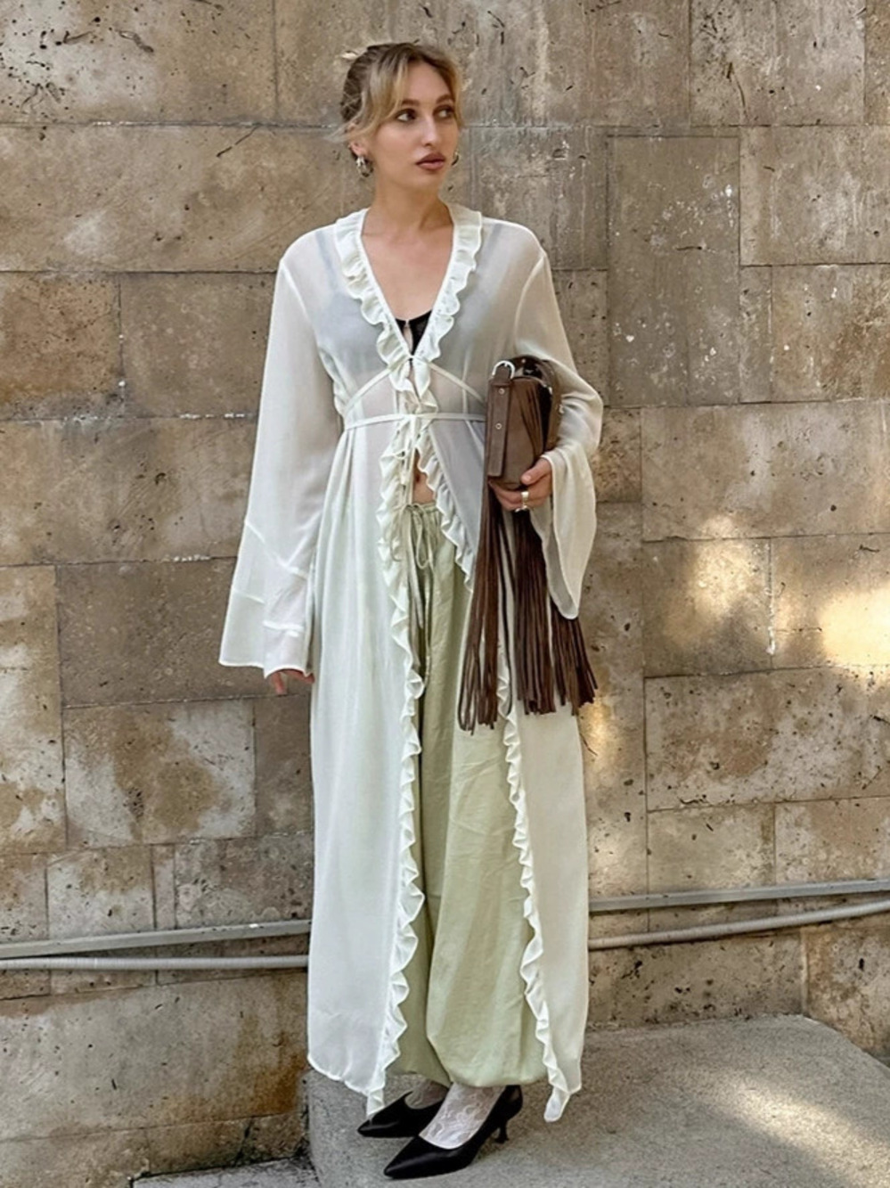 Forever 21 Bohemian White Lace Cardigan Dress Fall Loose Long